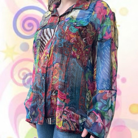 Chico's Tops - MINT vtg 90s wearable art sheer 81% silk patchwork button up - chico’s, sz 3/xl